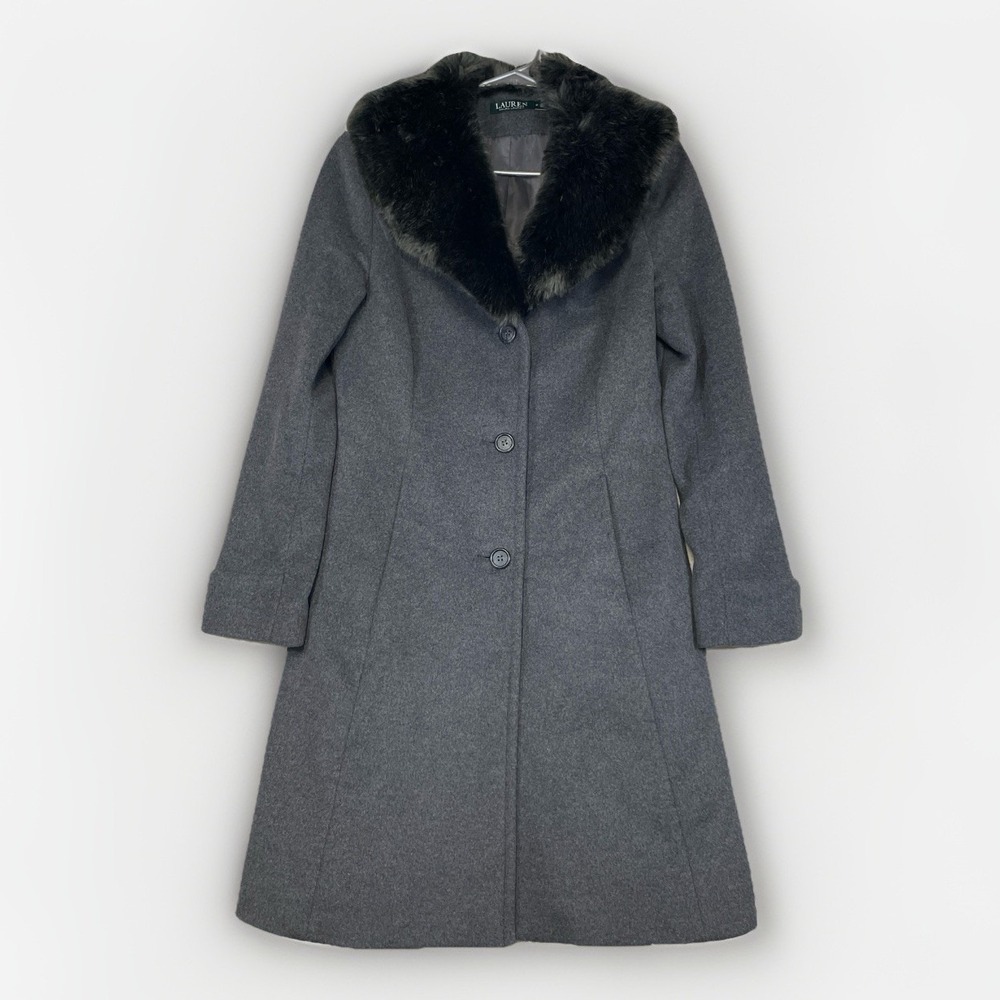Lauren Ralph Lauren Gray Wool Blend Faux Fur Collar Coat Size 6 Penny Lane Coat - Picture 1 of 12